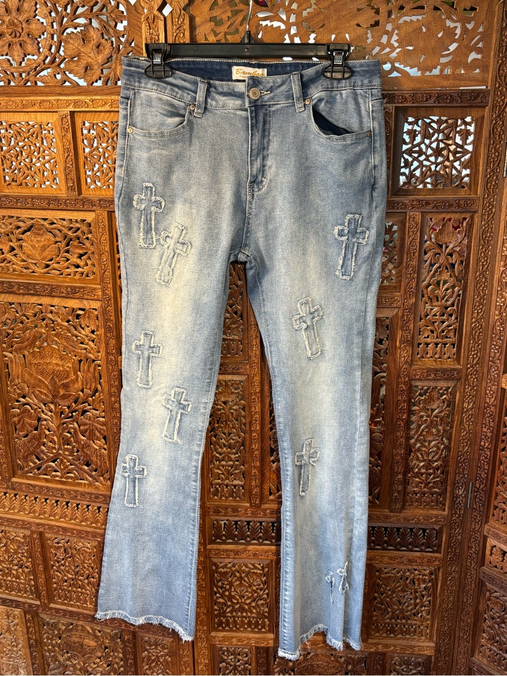 BAMBOO Light Blue women’sBootcut Jeans with Cross Appliqués